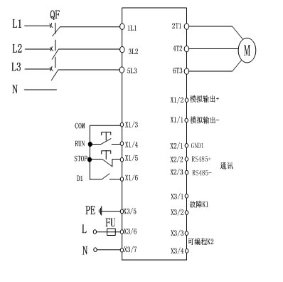 CMC-MX內(nèi)置旁路軟起動(dòng)器基本接線原理圖、三角形內(nèi)接連接圖和典型應(yīng)用接線圖(圖1)