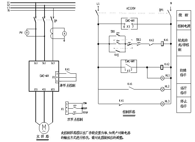 CMC-MX內(nèi)置旁路軟起動(dòng)器基本接線原理圖、三角形內(nèi)接連接圖和典型應(yīng)用接線圖(圖3)